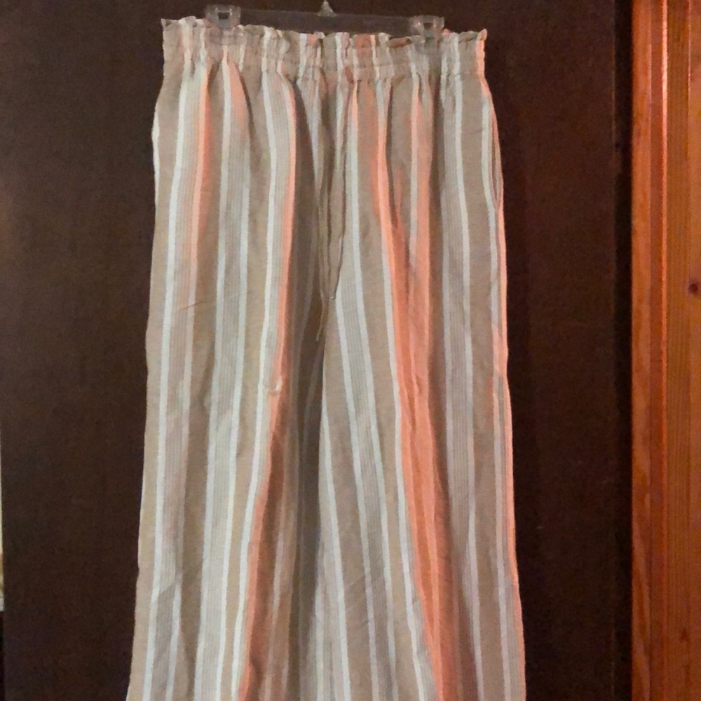 Madewell wide leg tan and cream stripe pant. Linen/viscose blend.